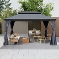 thumbnail image 1 of Domi Outdoor Living 10x14 ft Metal Frame Gazebo with Wood-Grain Resin Double Roof, Outdoor Pavilion with Curtains & Netting for Patio & Garden, Dark Gray, 1 of 9