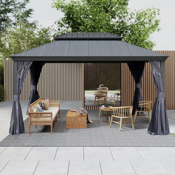 Domi Outdoor Living 10x14 ft Metal Frame Gazebo with Wood-Grain Resin Double Roof, Outdoor Pavilion with Curtains & Netting for Patio & Garden, Dark Gray
