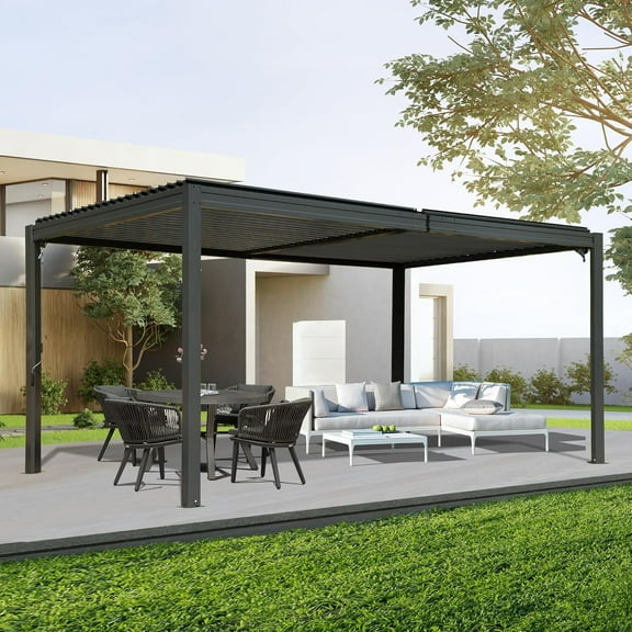 Domi Outdoor Living 10x16FT Louvered Pergola with Adjustable Steel Roof, Durable Metal Frame, Efficient Drainage System for Backyard, Garden and Lawn, Gray