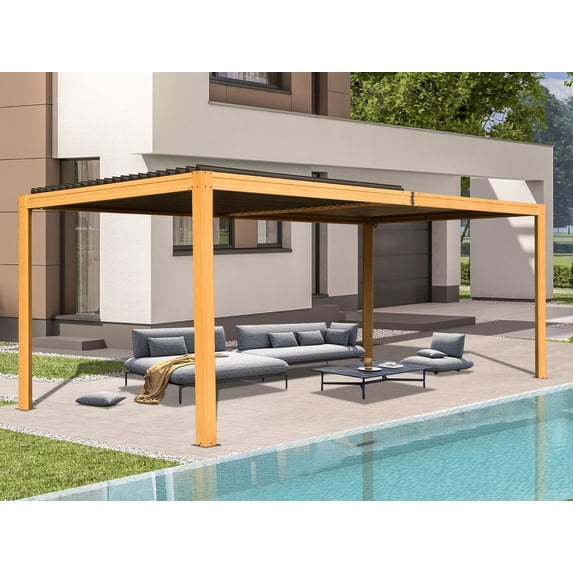 Domi Outdoor Living 10x16FT Louvered Pergola with Adjustable Steel Roof, Durable Metal Frame, Efficient Drainage System for Backyard, Garden and Lawn, Wood-Looking