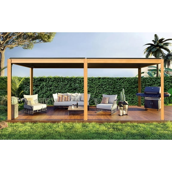 Domi Outdoor Living 10x20FT Louvered Pergola with Adjustable Steel Roof, Durable Metal Frame, Efficient Drainage System for Backyard, Garden and Lawn, Wood-Looking