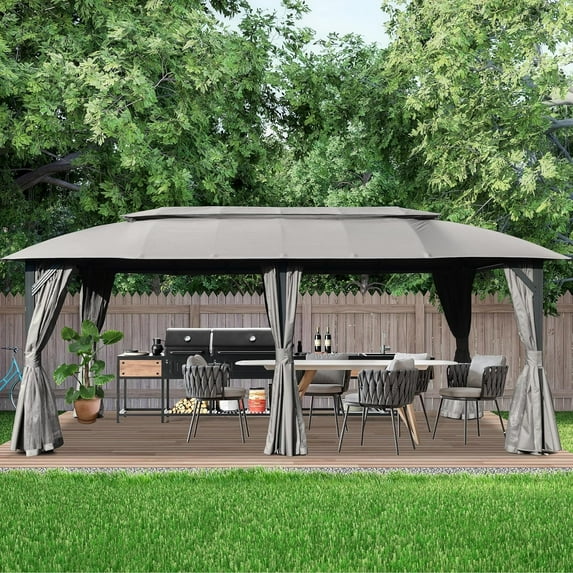 Domi Outdoor Living 10x20FT Outdoor Gazebo with Double Roofs, Privacy Curtains, Mosquito Nettings, Heavy Duty Metal Frame Party Tent Canopy for Patio, Backyard, Deck, Lawn,Gray