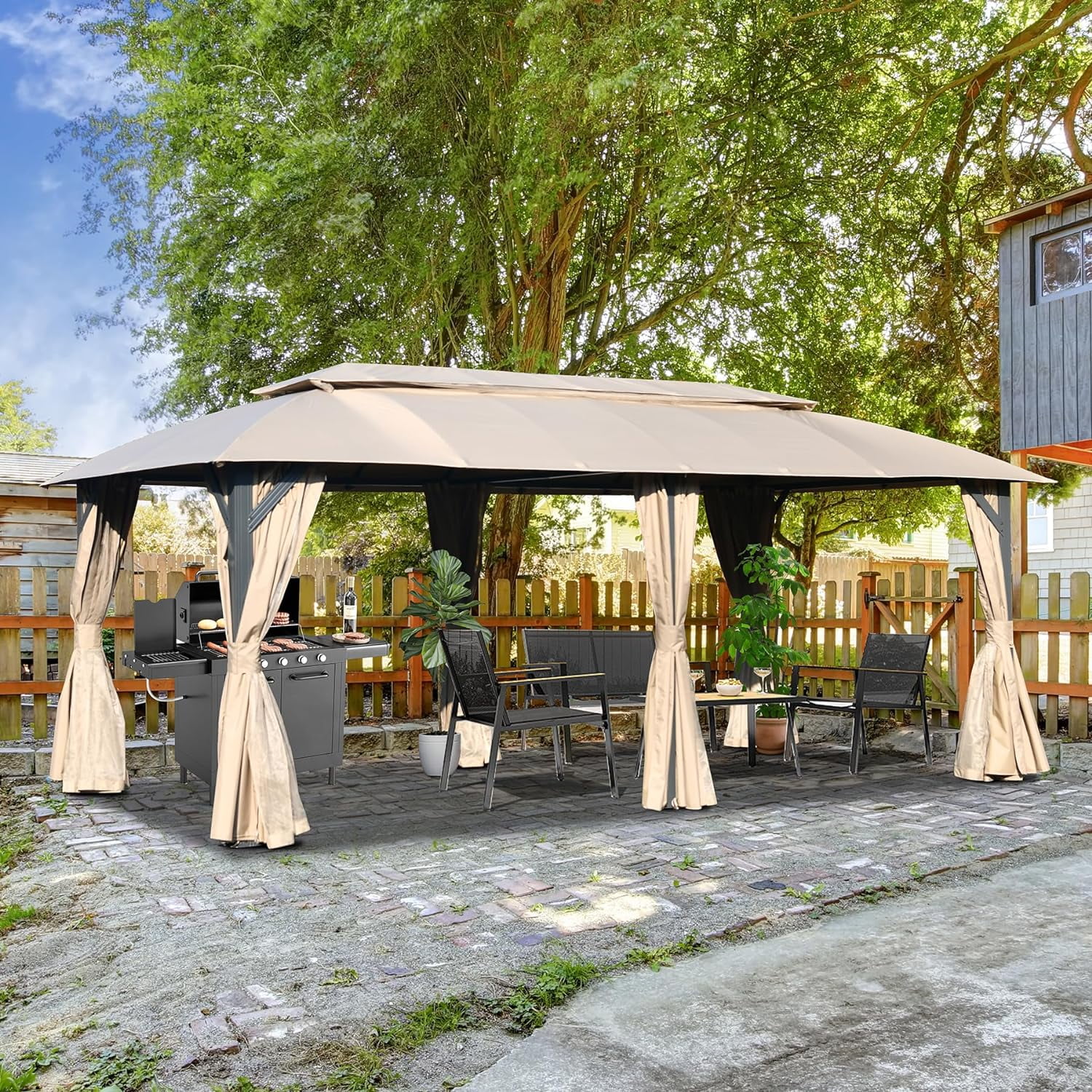 Domi Outdoor Living 10x20FT Outdoor Gazebo with Double Roofs, Privacy Curtains, Mosquito Nettings, Heavy Duty Metal Frame Party Tent Canopy for Patio, Backyard, Deck, Lawn，Brown