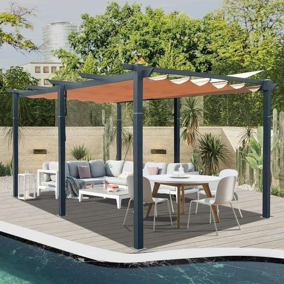 Domi Outdoor Living 11’ X 16’ Outdoor Retractable Pergola with Weather-Resistant Canopy Aluminum Garden Pergola Patio Grill Gazebo for Courtyard (Khaki)