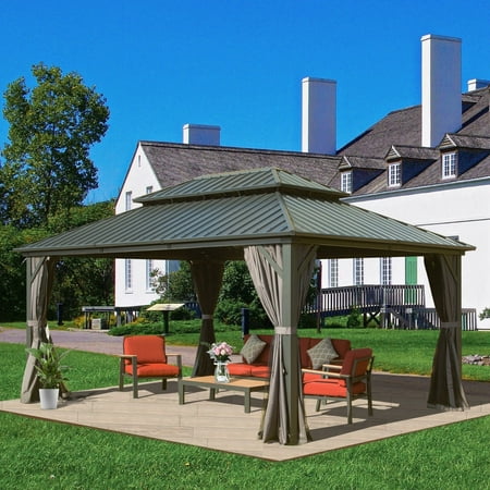 Domi Outdoor Living 12 X 14 Hardtop Gazebo Canopy with Netting & Curtains, Outdoor Aluminum Gazebo with Galvanized Steel Double Roof for Patio Lawn and Garden, Gray