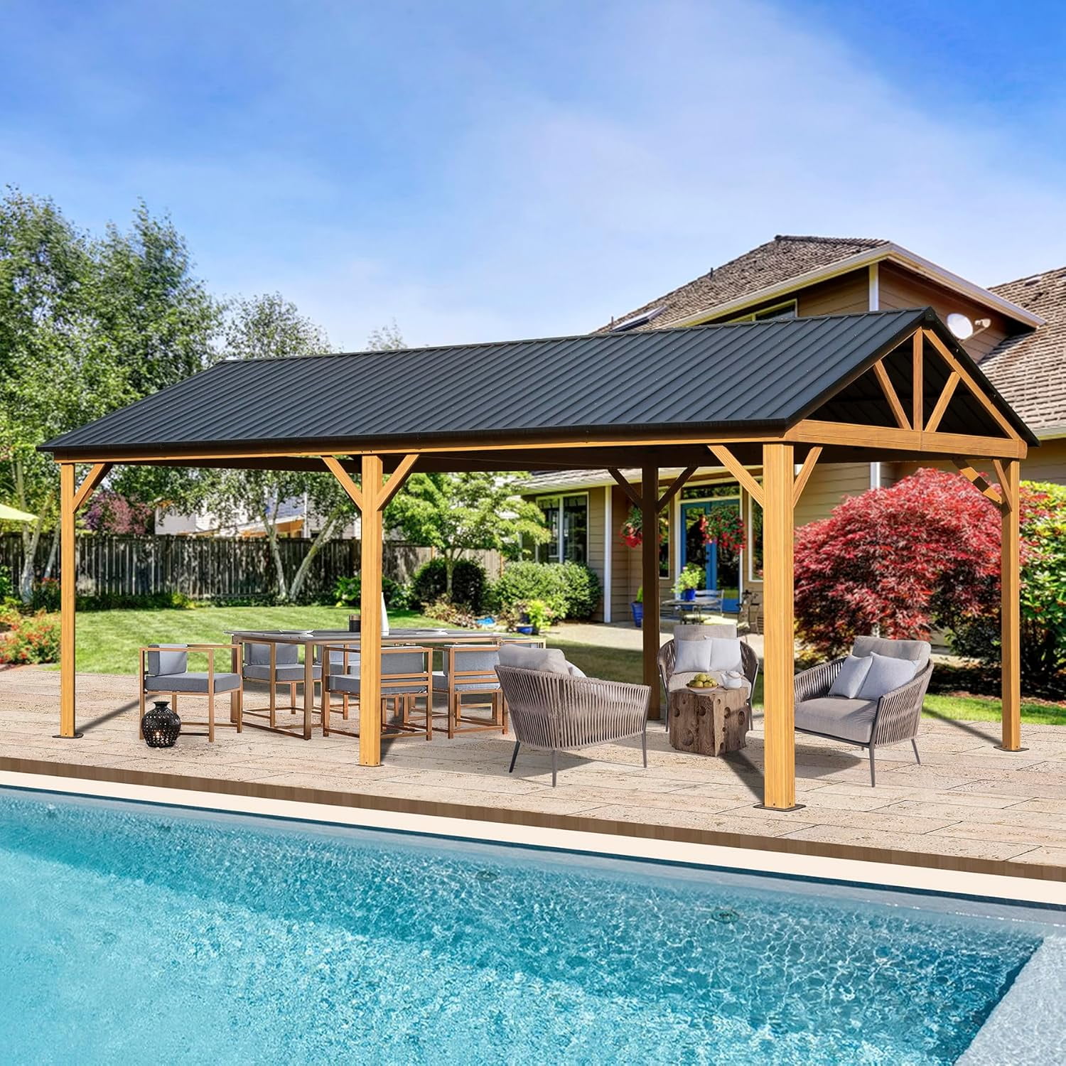 Domi Outdoor Living 12' X 20' Hardtop Gazebo with Galvanized Steel Gable Roof and Wood Grain Aluminum Frame, Outdoor Permanent Gazebo Pavilion for Patio, Garden, Deck, Backyard