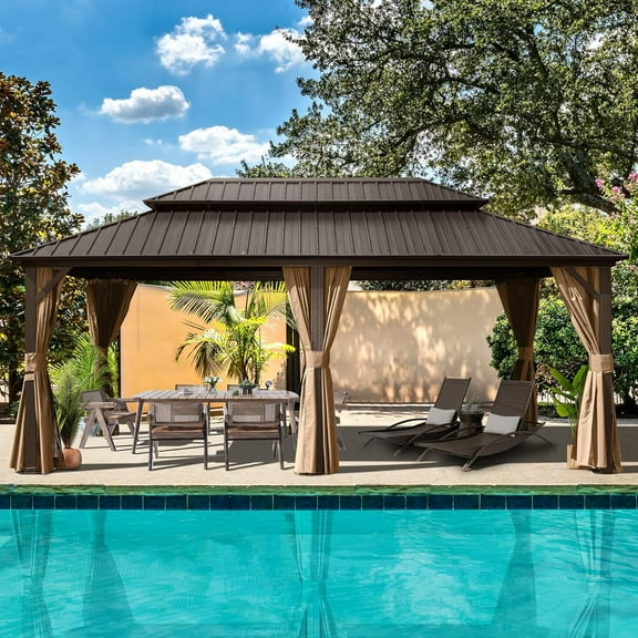 Domi Outdoor Living 12’ x 18’ Hardtop Gazebo Aluminum Frame Canopy with Netting & Curtains, Outdoor Permanent Metal Pavilion with Galvanized Steel Double Roof for Patio Lawn and Garden,Brown