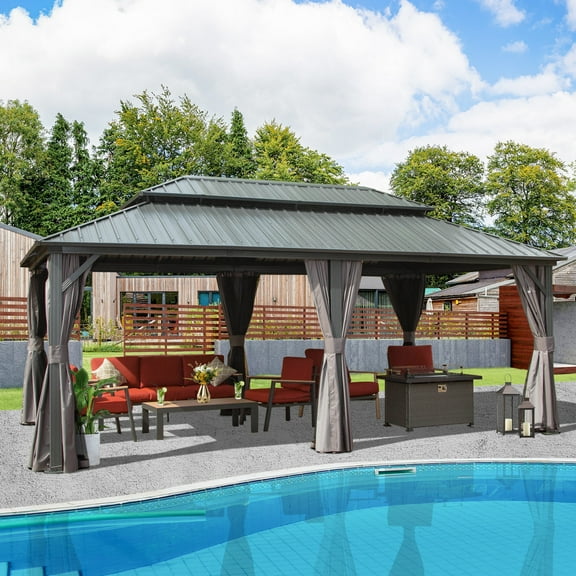 Domi Outdoor Living 12’ x 20’ Hardtop Gazebo Canopy with Netting & Curtains, Outdoor Aluminum Gazebo with Galvanized Steel Double Roof for Patio Lawn and Garden, Gray
