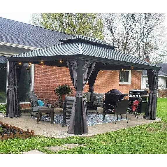 Domi Outdoor Living 12’x14’ Hardtop Gazebo, Aluminum Frame Canopy with Galvanized Steel Double Roof, Permanent Outdoor Metal Pavilion with Curtains & Netting for Patio, Backyard & Lawn,Gray