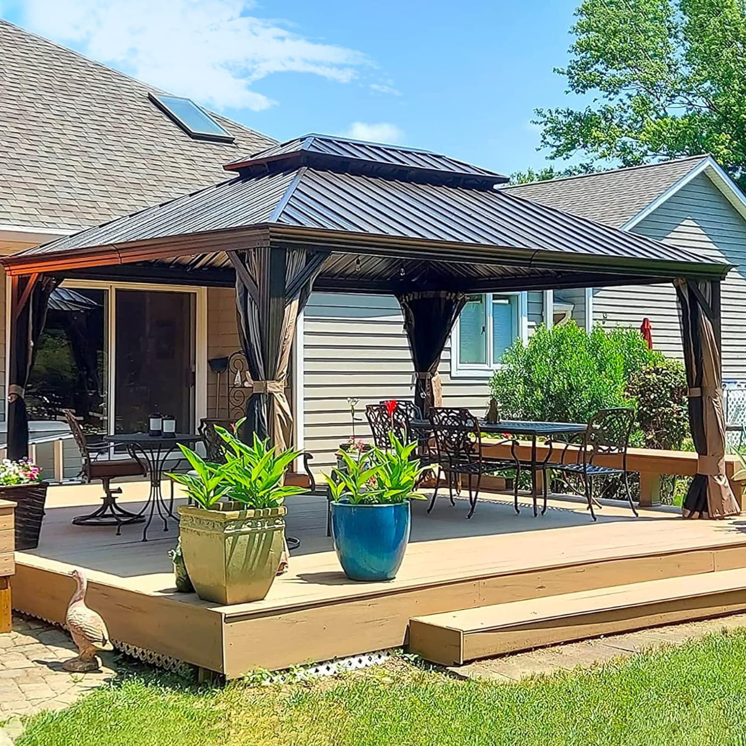 12' x 16' Brown Aluminum Hardtop Gazebo with Curtains & Netting