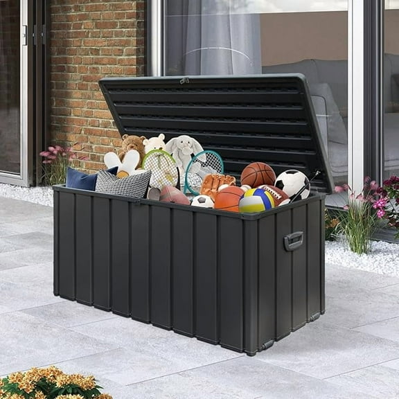 Domi Outdoor Living 120 Gallon Large Deck Box,Outdoor Storage with Resin Lid for Outdoor Cushions, Garden Tools and Pool Toys, Lockable,Dark Gray