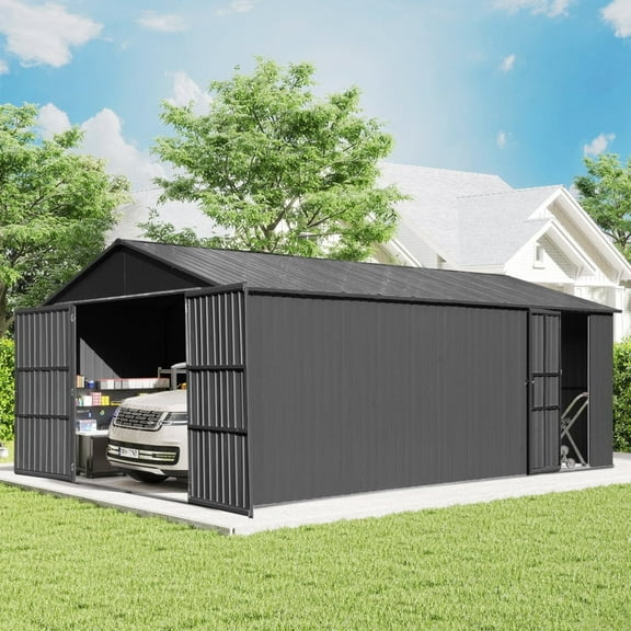 Domi Outdoor Living 12x15FT Outdoor Metal Garage Shed, Extra-Large Steel Carport with Lockable Double Doors, Heavy-Duty Car Shelter for Cars, Trucks, Motorcycles, and Lawn Equipment, Dark Grey