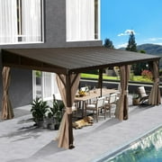 Domi Outdoor Living 12x20FT Lean-To Hardtop Gazebo, Outdoor Wall-Mounted Gazebo with Sloping Galvanized Steel Roof, Aluminum Frame, Includes Netting and Curtains for Deck, Porch, Backyard