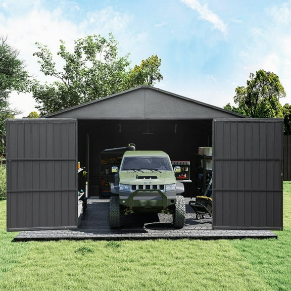 Domi Outdoor Living 12x25FT Outdoor Metal Garage Shed, Extra-Large Steel Carport with Lockable Double Doors, Heavy-Duty Car Shelter for Cars, Trucks, Motorcycles, and Lawn Equipment, Dark Grey