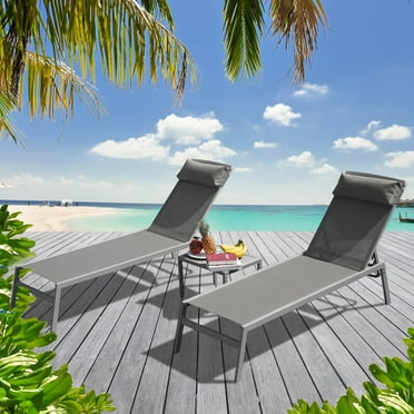Domi Outdoor Living 3-Piece Adjustable Pool Lounge Set, Steel Textilene Sunbathing Chairs with Headrest (2 Gray Chairs W/Table)