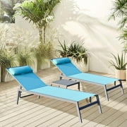 Domi Outdoor Living 3-Piece Adjustable Pool Lounge Set, Steel Textilene Sunbathing Chairs with Headrest 2 Lake Blue Chairs W/Table