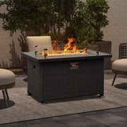 Domi Outdoor Living 43in Gas Fire Pit Table,50,000 BTU Outdoor Wicker Patio Propane Firepit w/Aluminum Tabletop,Glass Wind Guard,Blue Glass Rocks, Hideaway Tank Holder, ETL Certification, Cover Lid