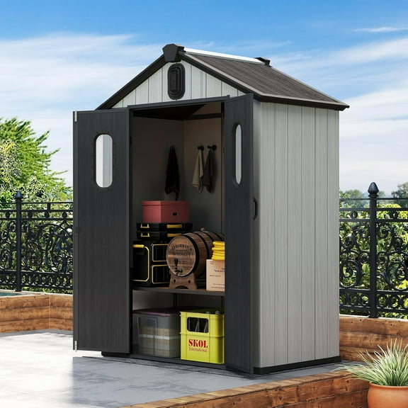 Domi Outdoor Living 5x3 FT Outdoor Resin Storage Shed,Waterproof Plastic Garden Shed with Lockable Doors, Windows & Vents,Large Outdoor Tool Shed for Patio, Lawn Mower, Bikes & Garden