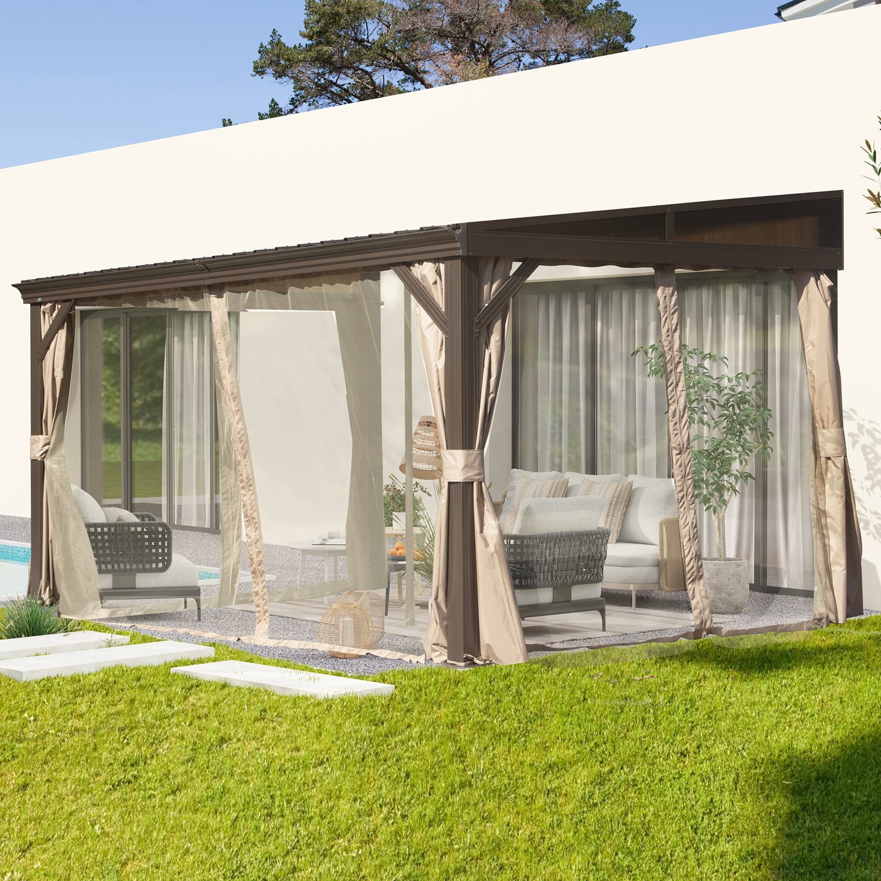 8' x 12' Brown Aluminum Wall-Mounted Patio Gazebo with Curtains