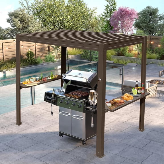 Domi Outdoor Living 8x5 ft Hardtop Grill Pergola with Adjustable Louvered Roof, Metal BBQ Gazebo with Built-In Gutter System for Patio, Backyard & Deck, Brown