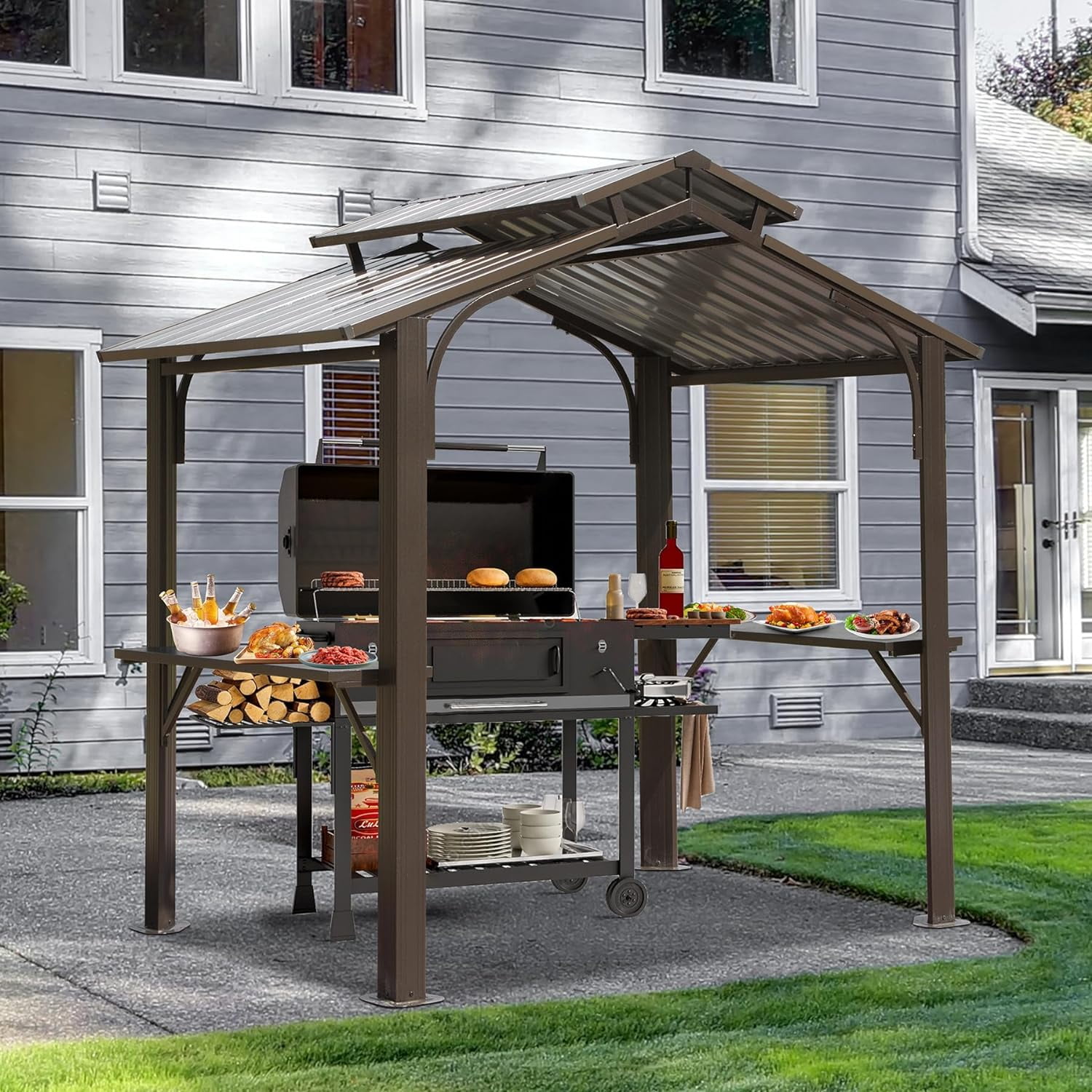 Domi Outdoor Living 8'x5' Aluminum BBQ Gazebo, Hardtop Canopy with Shelves, Brown