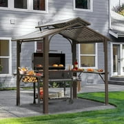 Domi Outdoor Living 8x5FT Aluminum BBQ Gazebo Outdoor Metal Frame with Shelves Serving Tables, Permanent Double Roof Hardtop Gazebos for Patio ,Backyard and Garden (Brown)