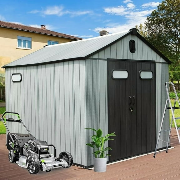Domi Outdoor Living 8x6 FT Outdoor Resin Storage Shed,Waterproof Plastic Garden Shed with Lockable Doors, Windows & Vents,Large Outdoor Tool Shed for Patio, Lawn Mower, Bikes & Garden