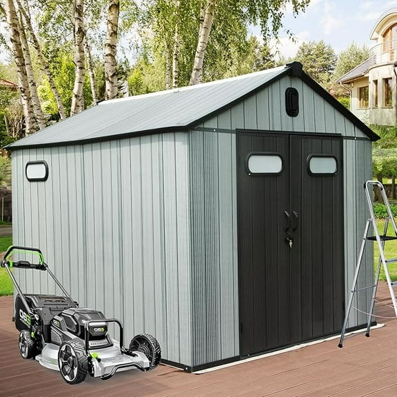 Domi Outdoor Living 8x8 FT Outdoor Resin Storage Shed,Waterproof Plastic Garden Shed with Lockable Doors, Windows & Vents,Large Outdoor Tool Shed for Patio, Lawn Mower, Bikes & Garden