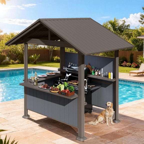 Domi Outdoor Living 9.4' x 6.2' Hardtop Grill Gazebo with Resin Side Shade Panels, Galvanized Steel Gable Roof BBQ Gazebo, 3 Side Shelves & Bottle Opener, Patio Backyard, Brown