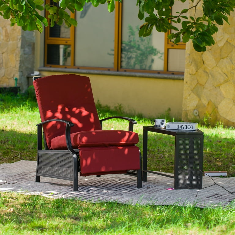 Domi Outdoor Living Adjustable Patio Recliner Chair Metal Outdoor Reclining Lounge Chair with Removable Cushions and Table Red