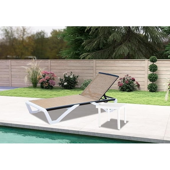 Domi Outdoor Living Chaise Lounge Chair Aluminum Adjustable Pool Lounge ChairWith All-Weather Textilene & Side Table for Deck, Lawn, Backyard 1 Brown Chair w/1 Table