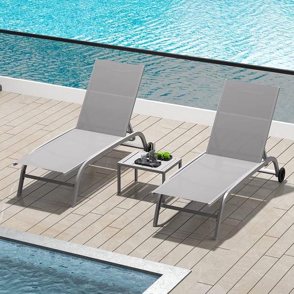 Domi Outdoor Living Chaise  Lounge  Set of 3, Lounge Chairs for Outside with Wheels, Outdoor Lounge Chairs with 5 Adjustable Position, Pool Lounge Chairs for Patio, Beach, Yard, Deck, Poolside, Grey