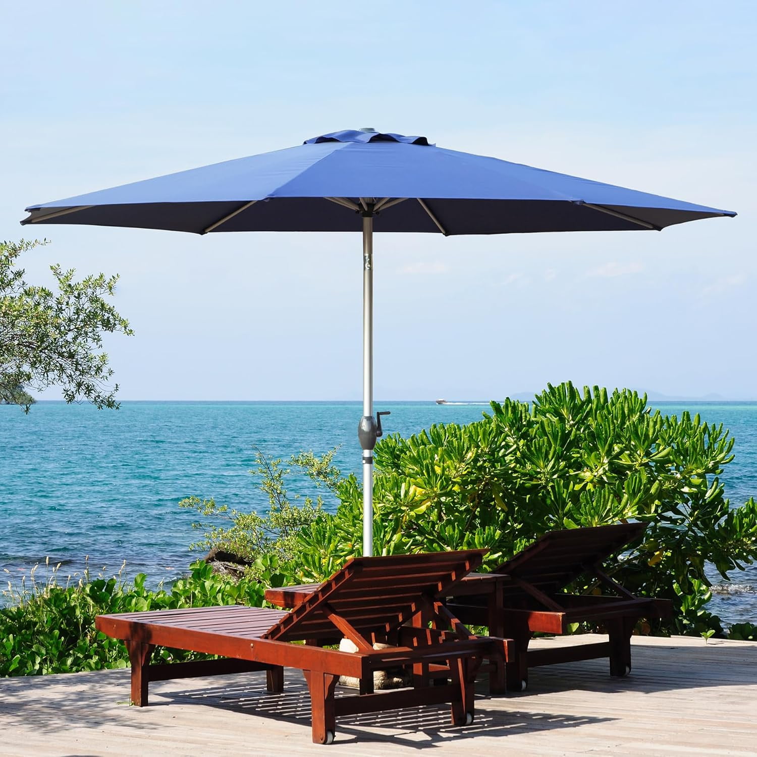 blue tilt patio umbrella Safavieh Athens Inside Out Striped 9Ft Crank Outdoor Auto powered by the solar panel on top of the umbrella Better Homes & Gardens Outdoor