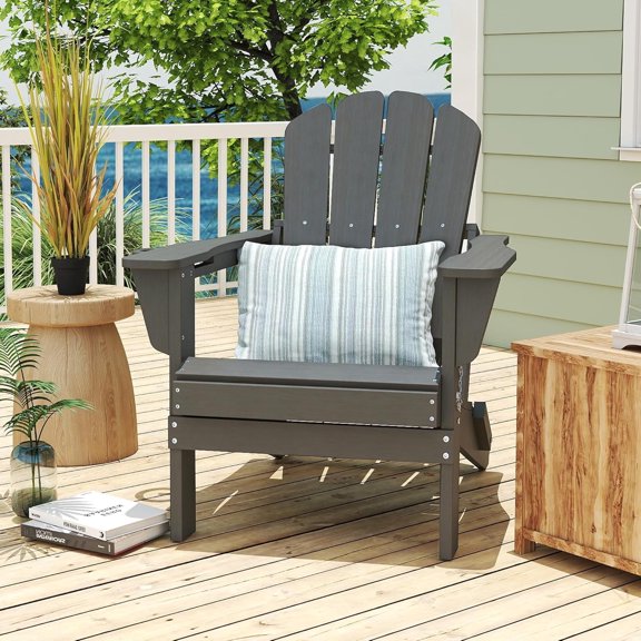 Domi Outdoor Living Folding Adirondack Chair, All-Weather HDPE Patio Chair with Cup Holder, Weather-Resistant Fire Pit Seating for Backyard, Deck, Garden & Poolside, Gray