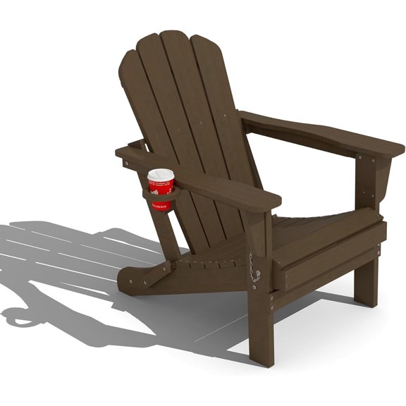 Domi Outdoor Living Folding Adirondack Chair, All-Weather HDPE Patio Chair with Cup Holder, Weather-Resistant Fire Pit Seating for Backyard, Deck, Garden & Poolside, Brown