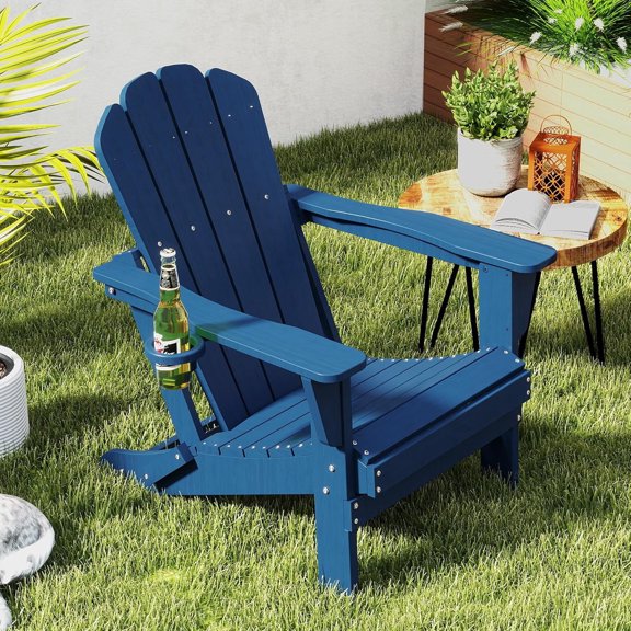 Domi Outdoor Living Folding Adirondack Chair, All-Weather HDPE Patio Chair with Cup Holder, Weather-Resistant Fire Pit Seating for Backyard, Deck, Garden & Poolside, Blue