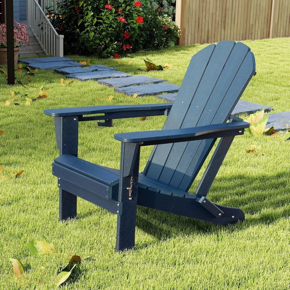 Domi Outdoor Living Folding Adirondack Chair, All-Weather HDPE Patio Chairs with Cup Holders, Weather-Resistant Fire Pit Seating for Garden, Backyard, Deck & Poolside, Blue