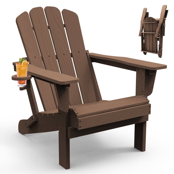 Domi Outdoor Living Folding Adirondack Chair Set (1 Chair   1 Table), All-Weather HDPE Patio Chairs with Cup Holders, Weather-Resistant Fire Pit Seating for Garden, Backyard, Deck & Poolside, Brown