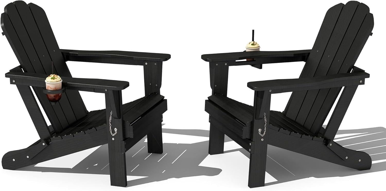 Domi Outdoor Living Folding Adirondack Chair Set of 2, All-Weather HDPE Patio Chair with Cup Holder, Weather-Resistant Fire Pit Seating for Backyard, Deck, Garden & Poolside, Black
