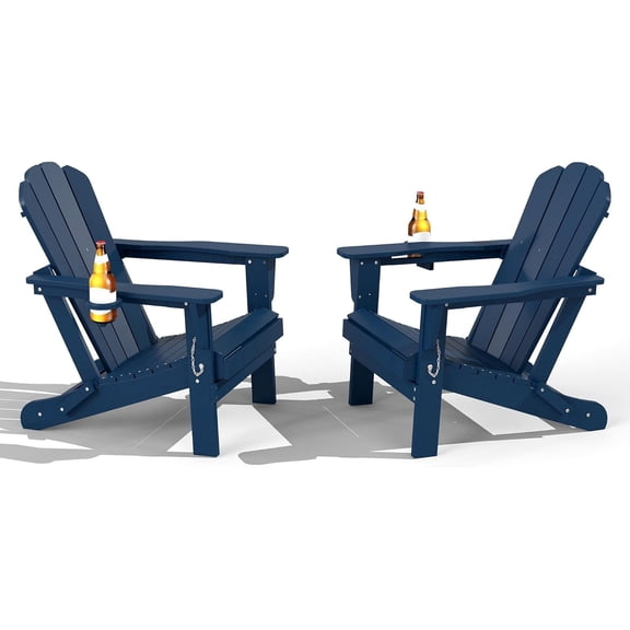 Domi Outdoor Living Folding Adirondack Chair Set of 2, All-Weather HDPE Patio Chair with Cup Holder, Weather-Resistant Fire Pit Seating for Backyard, Deck, Garden & Poolside, Blue
