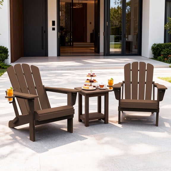 Domi Outdoor Living Folding Adirondack Chair Set (2 Chairs + 1 Table), All-Weather HDPE Patio Chairs with Cup Holders, Weather-Resistant Fire Pit Seating for Garden, Backyard, Deck & Poolside, Brown