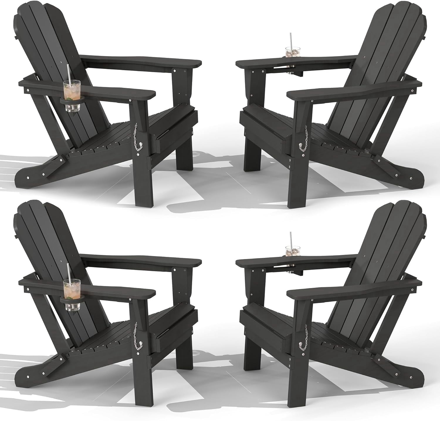 Domi Outdoor Living Folding Adirondack Chair Set of 4, All-Weather HDPE Patio Chair with Cup Holder, Weather-Resistant Fire Pit Seating for Backyard, Deck, Garden & Poolside, Gray