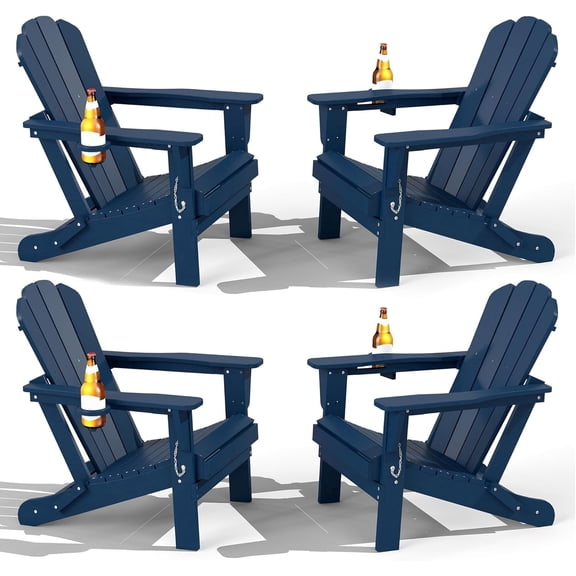 Domi Outdoor Living Folding Adirondack Chair Set of 4, All-Weather HDPE Patio Chair with Cup Holder, Weather-Resistant Fire Pit Seating for Backyard, Deck, Garden & Poolside, Blue