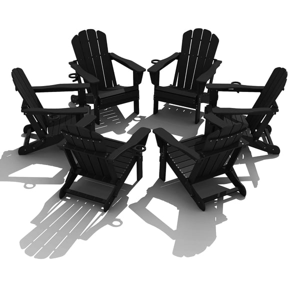 Domi Outdoor Living Folding Adirondack Chair Set of 6, All-Weather HDPE Patio Chair with Cup Holder, Weather-Resistant Fire Pit Seating for Backyard, Deck, Garden & Poolside, Black