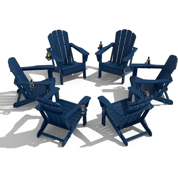 Domi Outdoor Living Folding Adirondack Chair Set of 6, All-Weather HDPE Patio Chair with Cup Holder, Weather-Resistant Fire Pit Seating for Backyard, Deck, Garden & Poolside, Blue