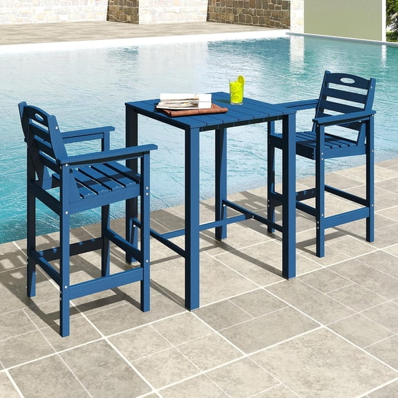 Domi Outdoor Living HDPE Adirondack Bar Set, 3-Piece Outdoor Patio Furniture Set with 2 Bar Chairs & Table, All-Weather HDPE for Backyard, Balcony, Poolside, Navy Blue