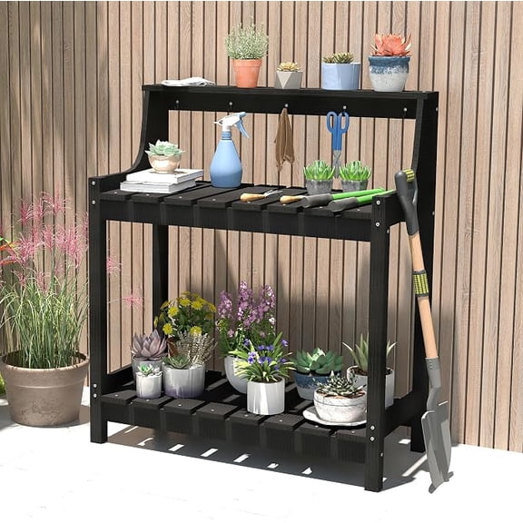 Domi Outdoor Living HDPE Outdoor Potting Bench, All Weather Garden Table with Storage, Black
