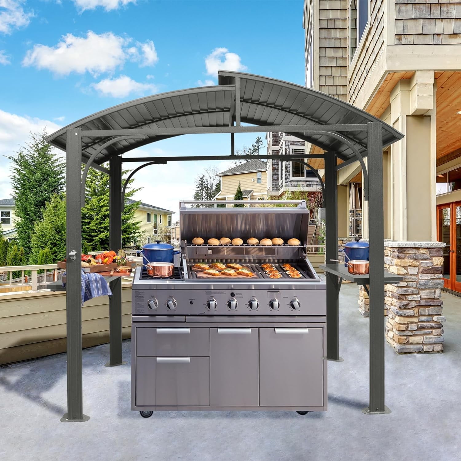 Domi Outdoor Living Hardtop Grill Gazebo 8x5FT, Grill Canopy for Outdoor Grill w/Double Galvanized Steel Roof and 2 Side Shelves, BBQ Gazebo Grill Tent for Patio Garden Backyard, Grey
