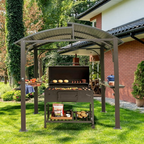 Domi Outdoor Living Hardtop Grill Gazebo 8x5FT, Grill Canopy for Outdoor Grill w/Double Galvanized Steel Roof and 2 Side Shelves, BBQ Gazebo Grill Tent for Patio Garden Backyard, Brown