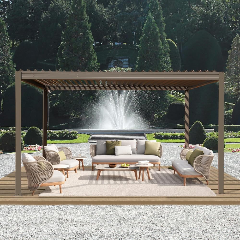 Brown Aluminum 10' x 13' Louvered Pergola with Adjustable Roof